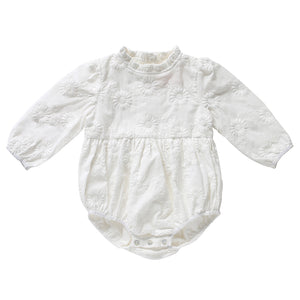 Arabella Ivory Baby Girl's Playsuit in Marguerite Broderie Anglaise Front view