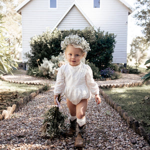 Arabella Flower Girl Long Sleeve Romper in Ivory