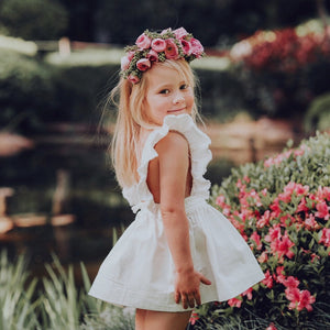 MABEL WHITE DENIM RUFFLE PINAFORE DRESS FOR TODDLERS