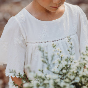 Lace insert yoke detail of Mariposa flower girl dress