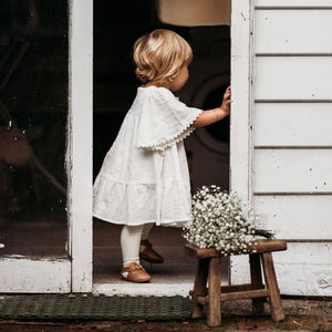 Ivory flower girl toddler dress with lace flutter sleeves