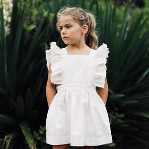 WHITE DENIM PINAFORE GIRLS DRESS WITH POCKETS