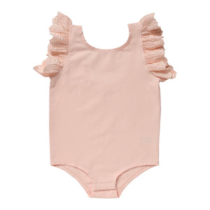 Ballet pink Dixie flutter sleeve bodysuit for girls