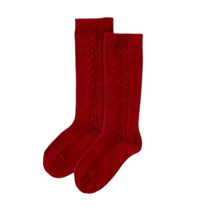 condor knee high socks - cranberry lace panel cotton