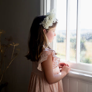 RUFFLE SLEEVE DETAILS OF EVANGELINE BLUSH PINK GIRLS DRESS BY AUBRIE