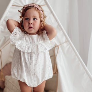 BEAUTIFUL CHRISTENING ROMPER IN IVORY BRODERIE ANGLAISE BY AUBRIE