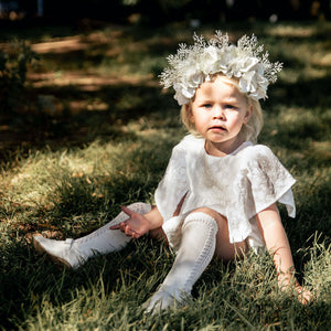 Lace flower girl knee high socks in off white