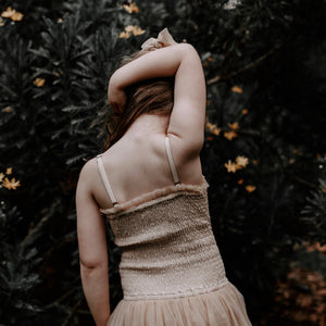 Back detail of shirred bodice of Pirouette Playsuit