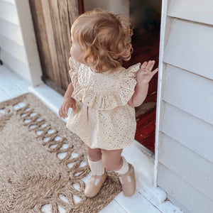 TODDLER GIRLS ANTIQUE CREAM COTTON PUFFBALL PLAYSUIT