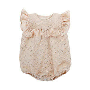 ROMANCE RUFFLE ROMPER IN OATMEAL EYELET BRODERIE