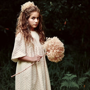 VINTAGE BOHO FLOWER GIRL DRESS IN ANTIQUE CREAM FOR TWEENS