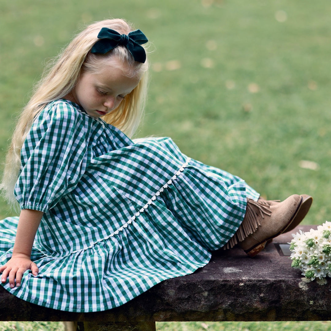 Annie Evergreen Gingham Girls Babydoll Christmas dress | Aubrie - aubrie.com.au Annie Evergreen Gingham Girls Babydoll Christmas dress | Aubrie - aubrie.com.au