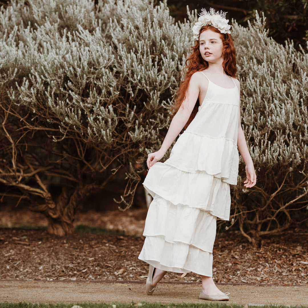 Flamenco flower girl dress in vanilla ivory linen for tweens | Aubrie - aubrie.com.au Flamenco flower girl dress in vanilla ivory linen for tweens | Aubrie - aubrie.com.au