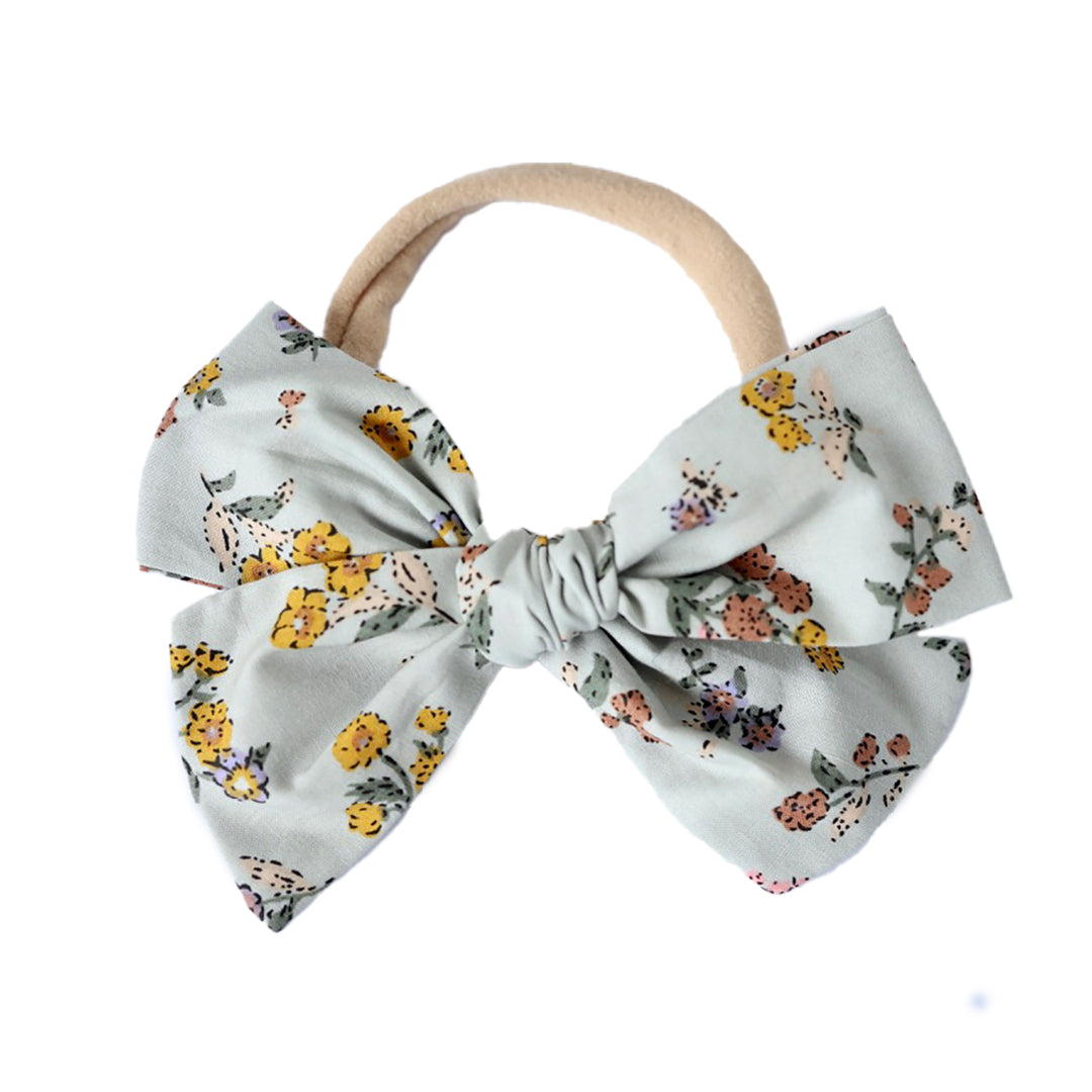 pinwheel bow headband - dove grey geranium floral