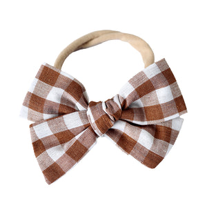 pinwheel bow headband - mocha gingham