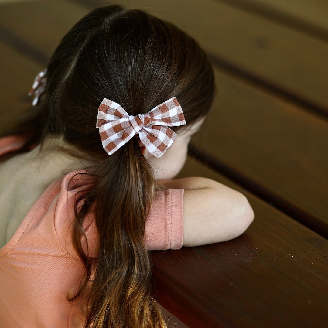 pinwheel bow hair clip - mocha gingham