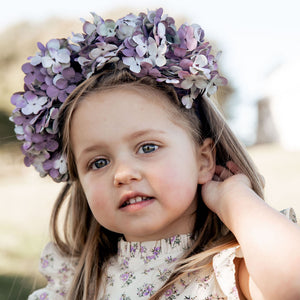 Close up of the Adeline Lavender Handmade Flower Girl Crown