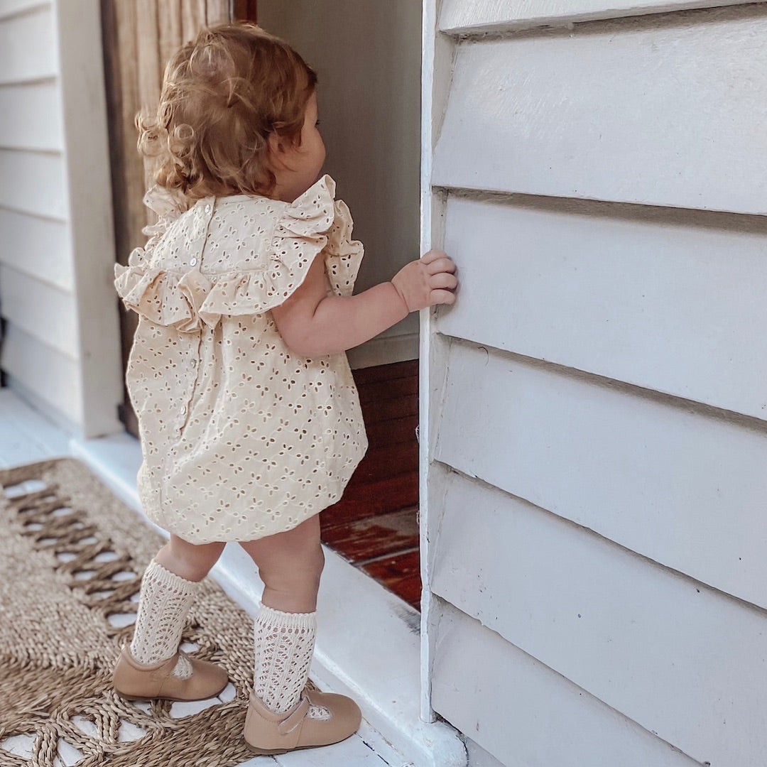 Romance Romper In Oatmeal Broderie Anglaise Baby Toddler Girls