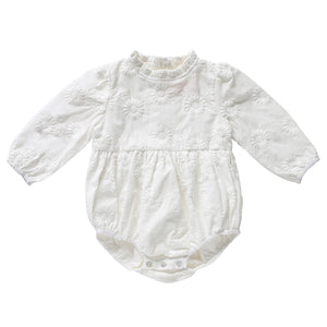 Arabella Ivory Baby Girl's Playsuit in Marguerite Broderie Anglaise Front view