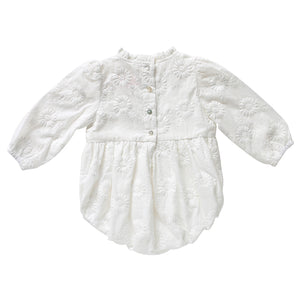 Arabella ruffle neck button back long sleeve christening outfit back view