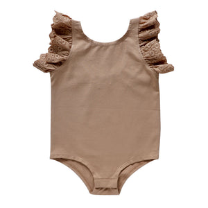 CHAI BROWN FLUTTER SLEEVE BODYSUIT FRONT VIEW