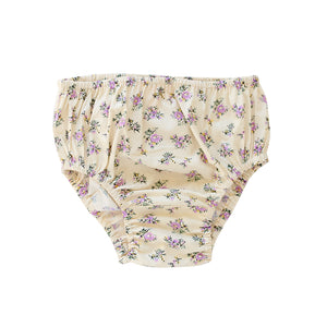 Lavender floral print cream cotton baby bloomer front view