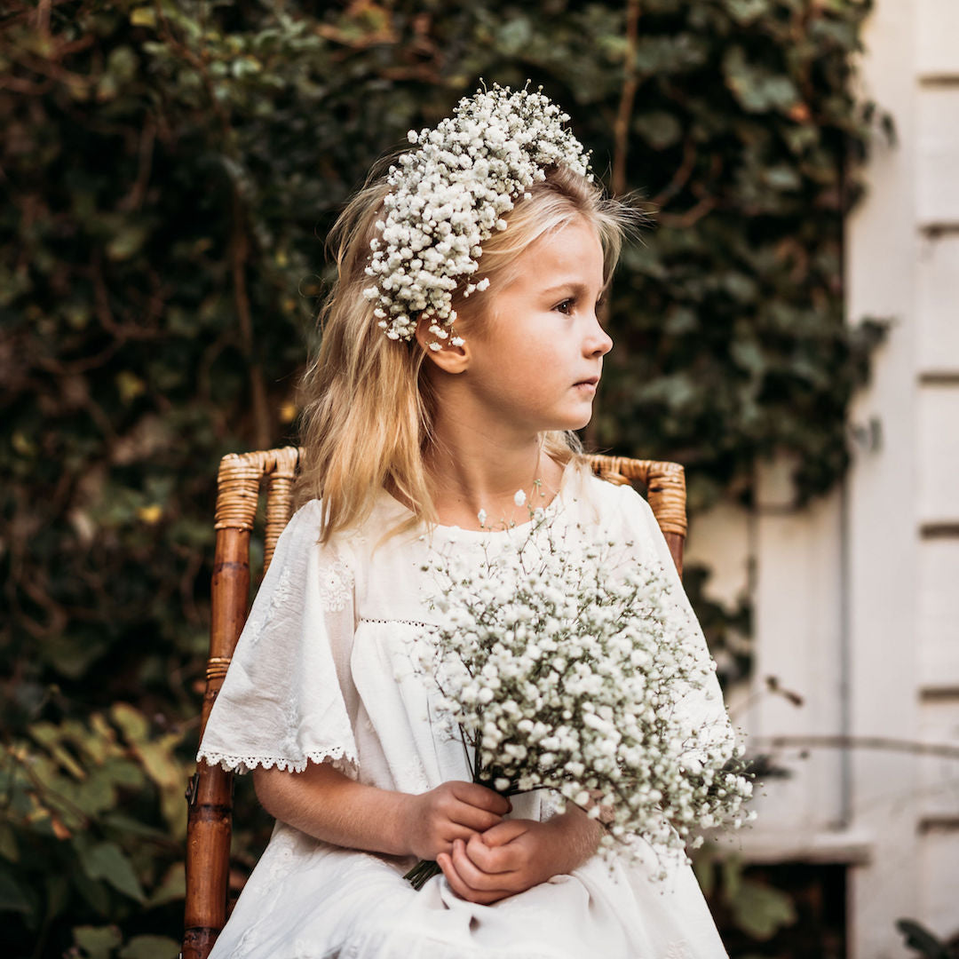 Lace details of the Mariposa flower girl dress in ivory georgette