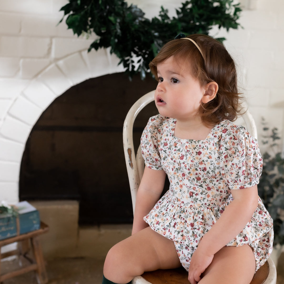 aveline romper -  evergreen yuletide floral