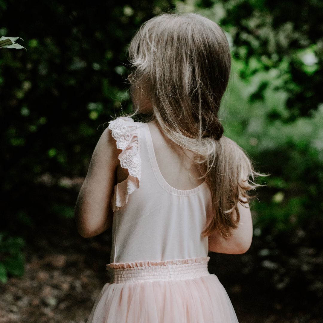 Scoop back view of Dixie flutter sleeve bodysuit in ballet pink