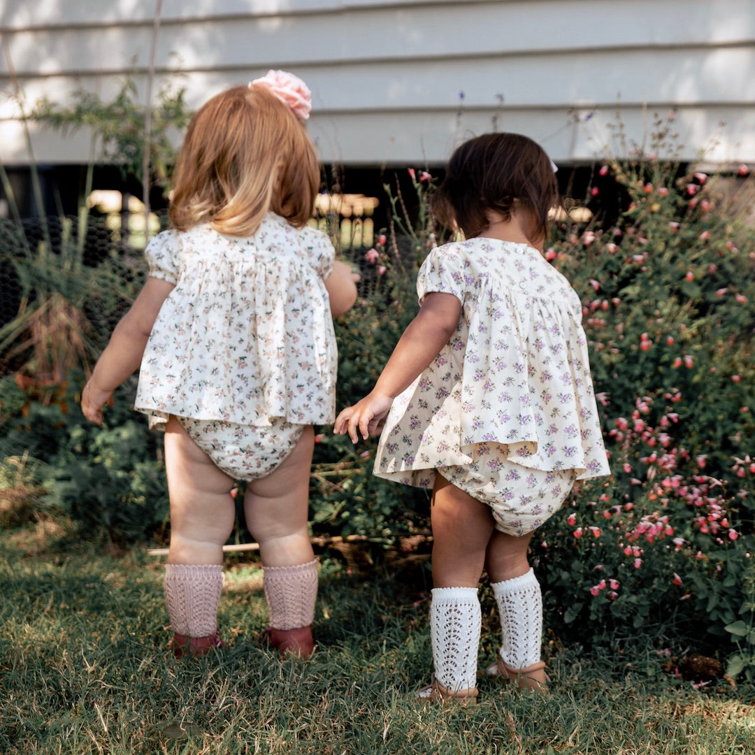 Classic blush pink floral toddler bloomer back view