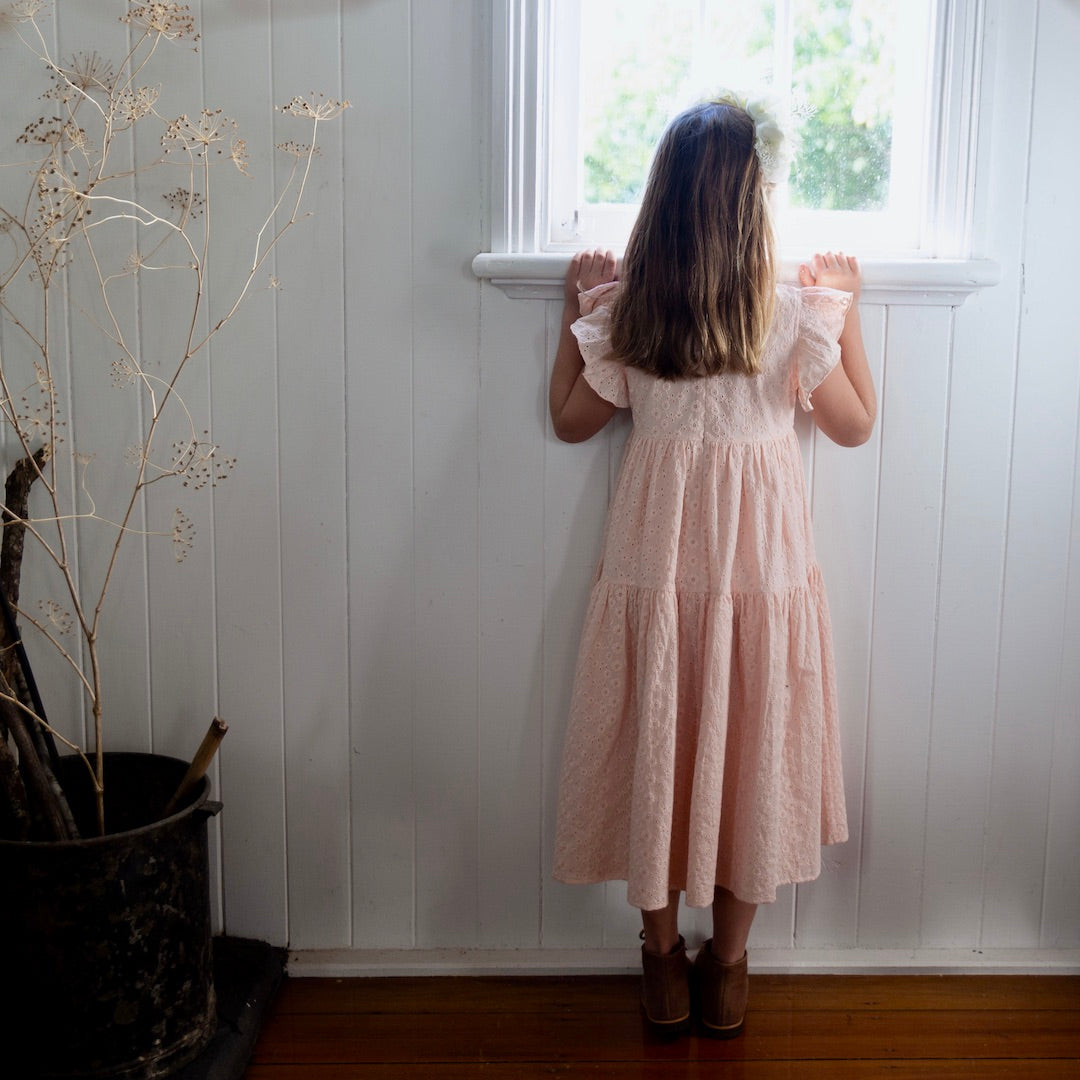 EVANGELINE PINK FLOWER GIRL DRESS WITH TIERED SKIRT