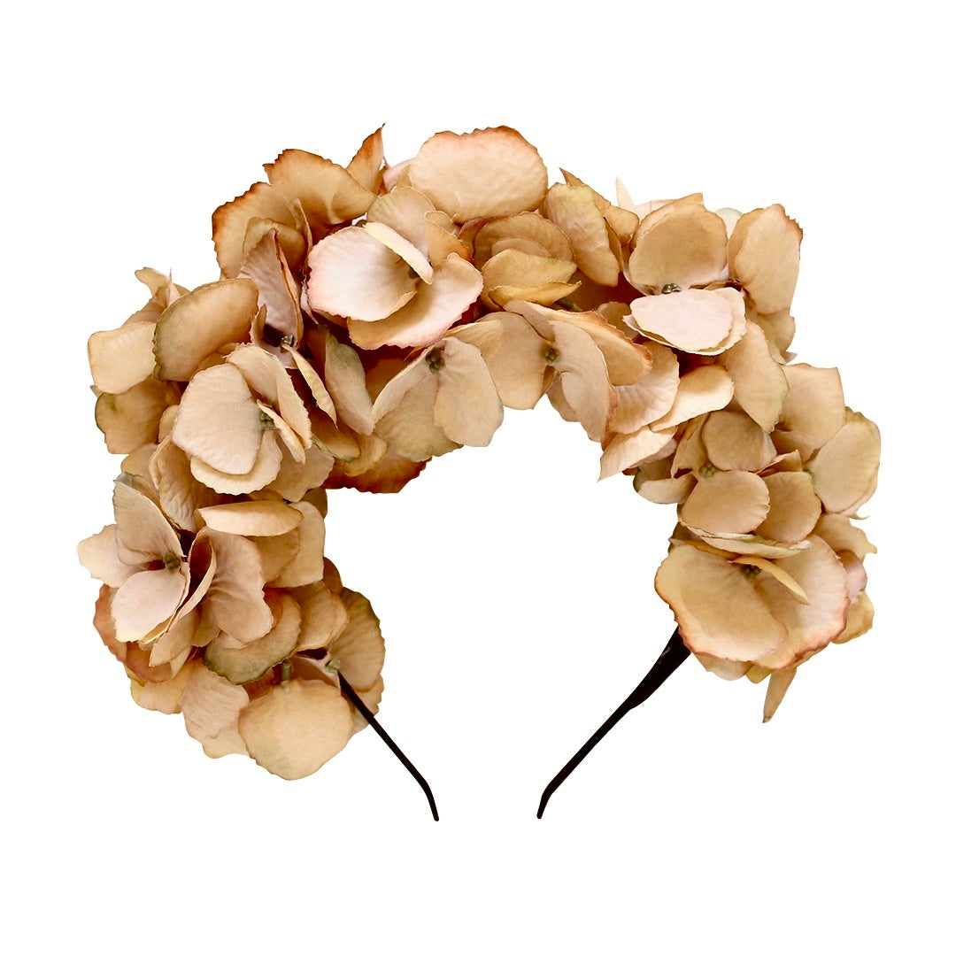 Florence silk hydrangea handmade flower crown in chai brown