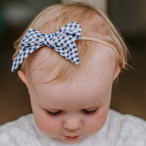 betty bow headband - indigo gingham seersucker