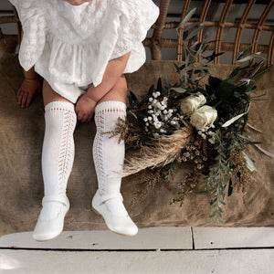 Detail of lace insert ivory baby girls christening socks