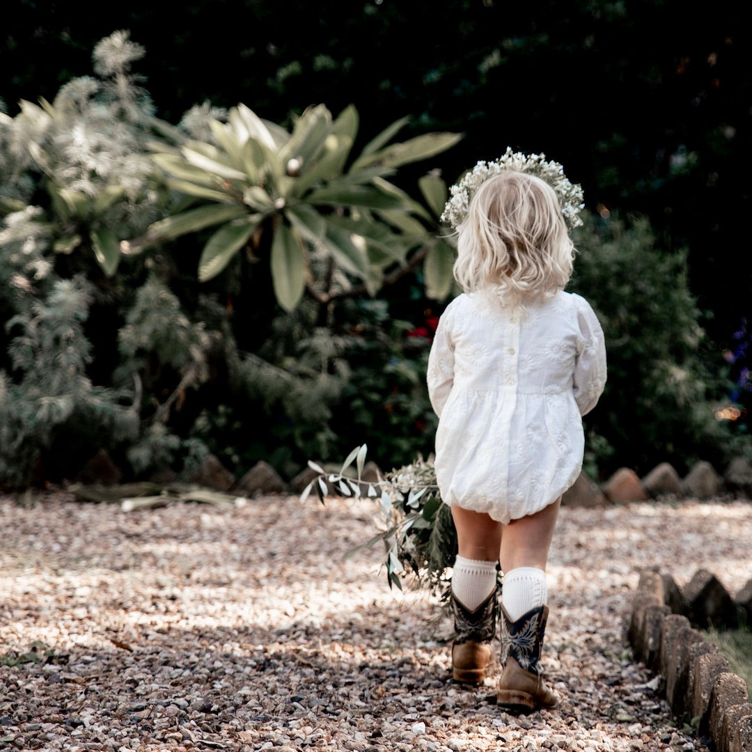 Button detail of the long sleeve ivory marguerite playsuit