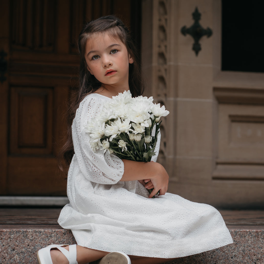 Victoria First Communion Dress In Ivory Snowflake Cotton