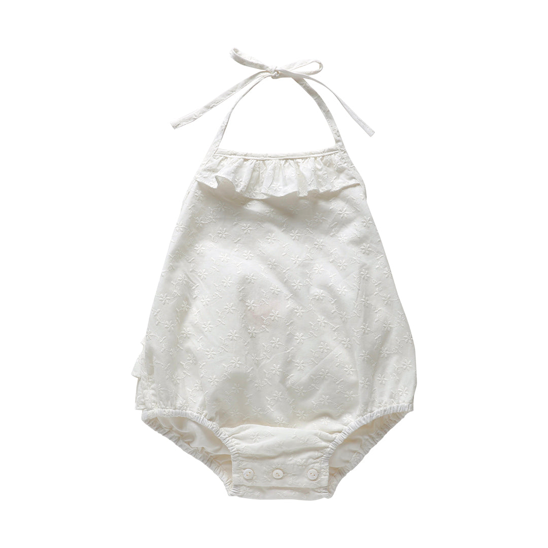 Ivory embroidered ruffle romper for baby girls