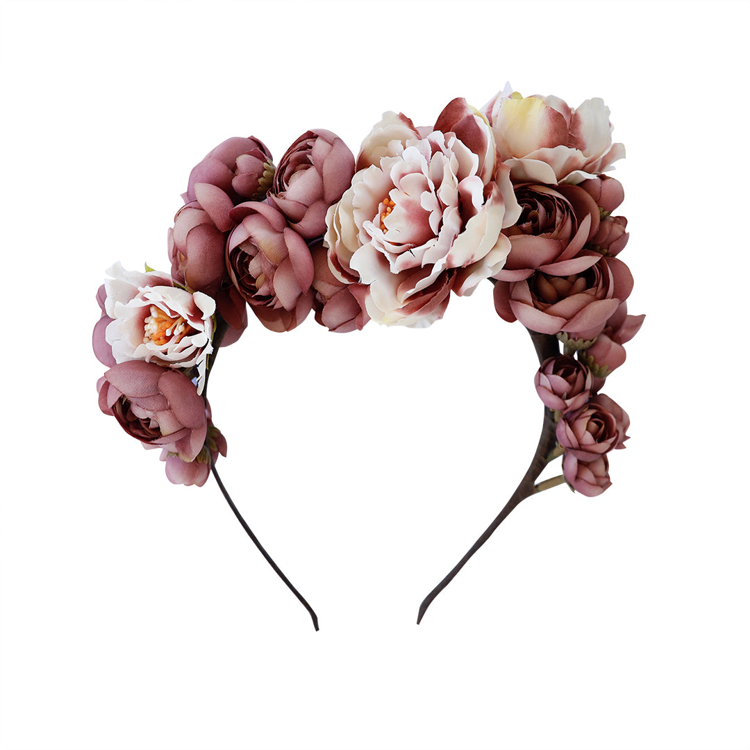 Margot flower girl crown in dusty mauves and plum ranunculus
