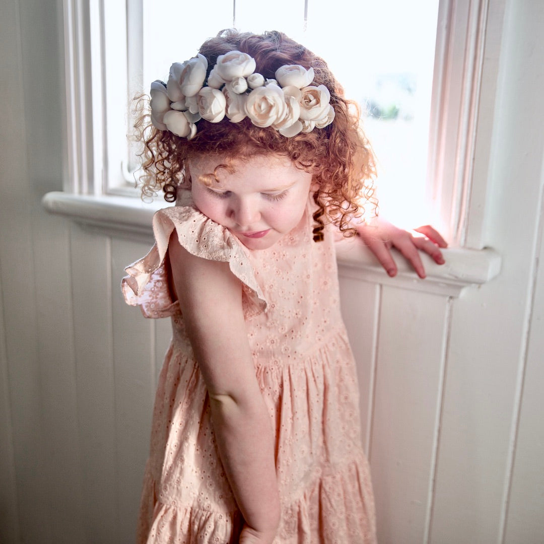 pretty peachy pink handmade flower girl crown