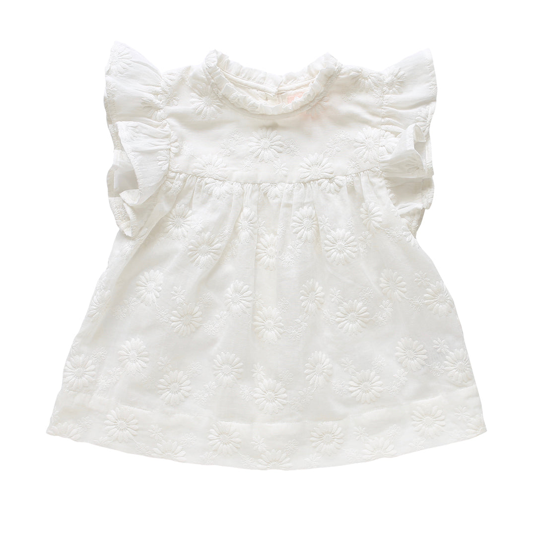 Ruffle Sleeve flower girl top in ivory embroidered cotton voile