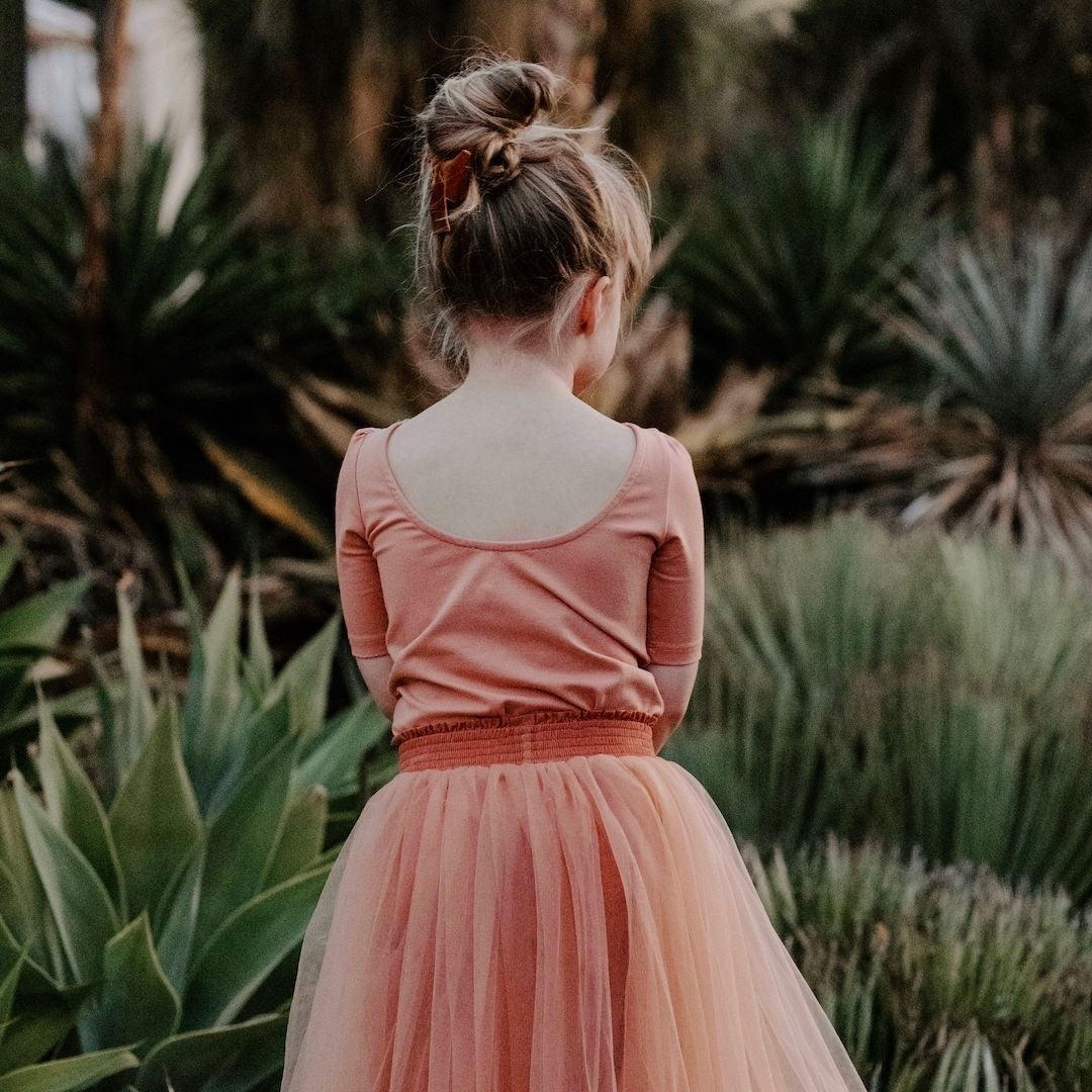 Scoop back detail of the terracotta tabitha tee for little girls