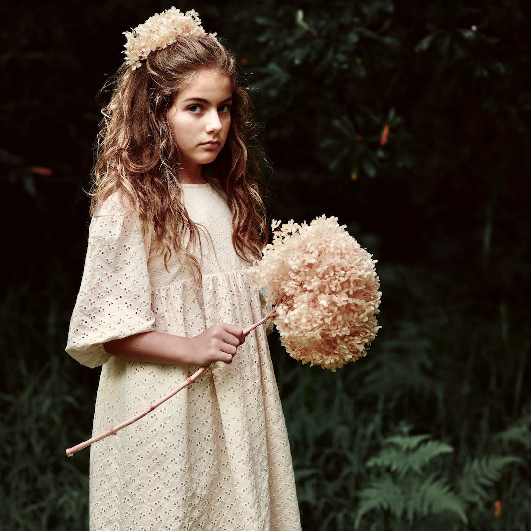 VINTAGE BOHO FLOWER GIRL DRESS IN ANTIQUE CREAM FOR TWEENS