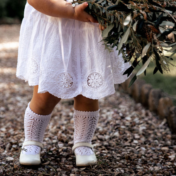 White Condor knee high lacework socks for toddlers + little girls 