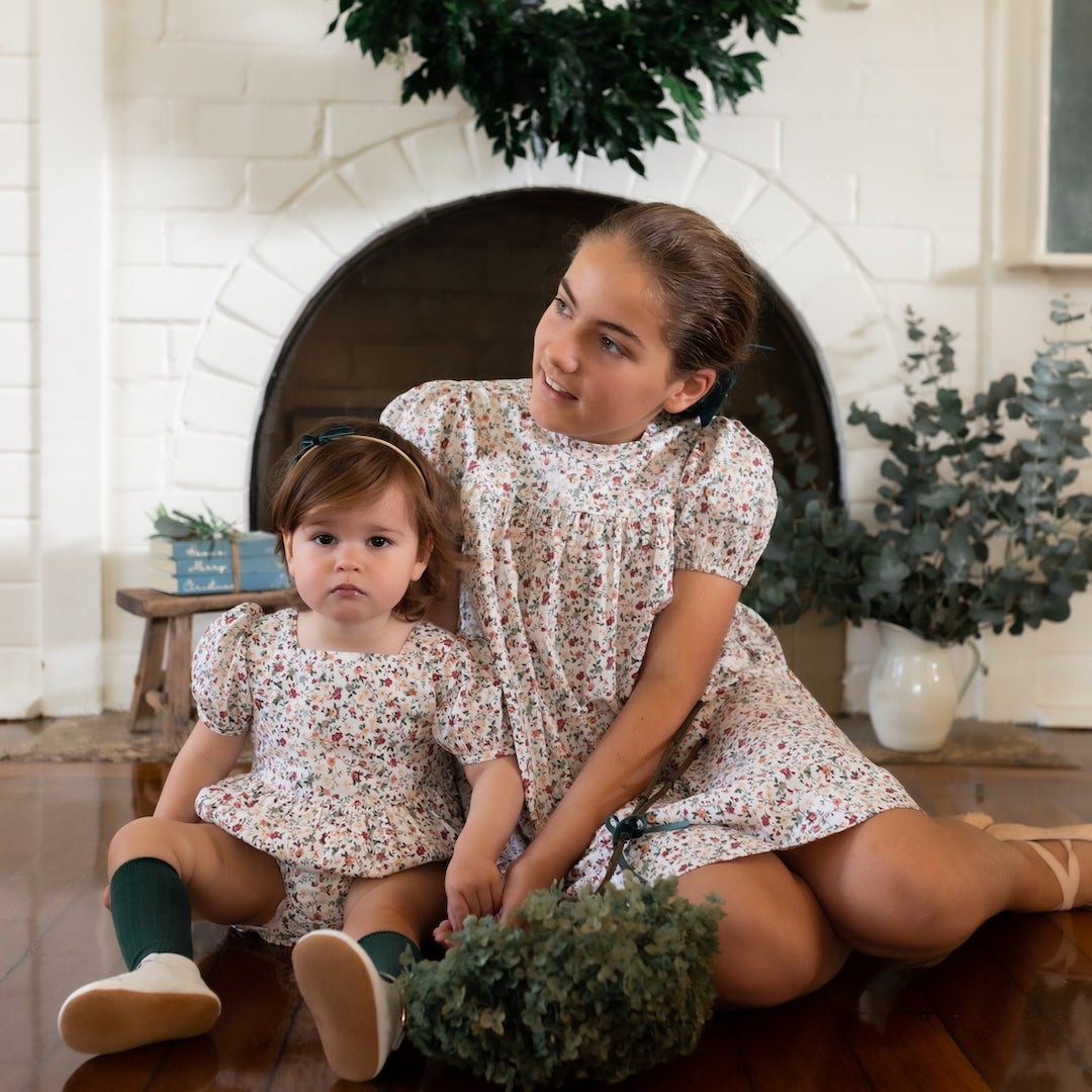 aveline romper -  evergreen yuletide floral